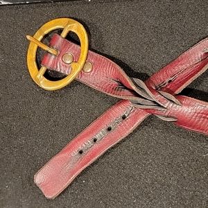 Vintage Leather Black Red Belt Large Round Brass Buckle Size 32